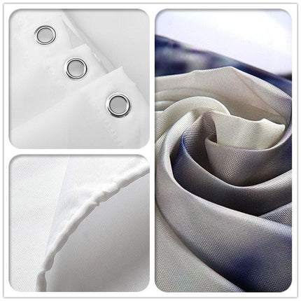 Dusjforheng med blyanttegning av gård