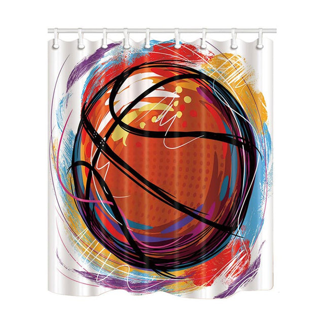 Fargerikt dusjforheng med abstrakt basketballmotiv
