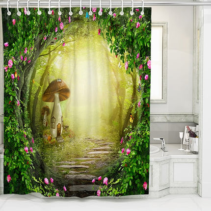 Dusjforheng med eventyrskog og sopphus