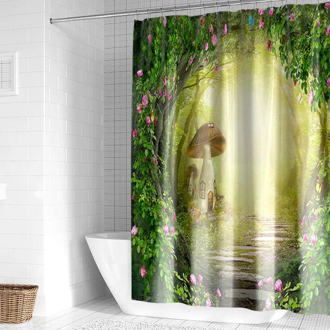 Dusjforheng med eventyrskog og sopphus