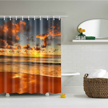 Dusjforheng med solnedgang over havet