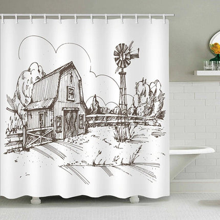 Dusjforheng med blyanttegning av gård