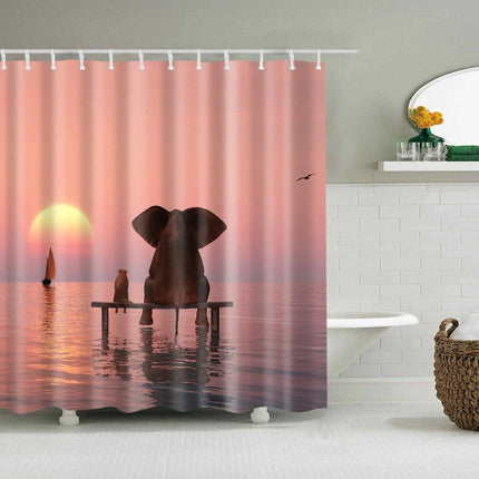 Dusjforheng med elefant i solnedgang