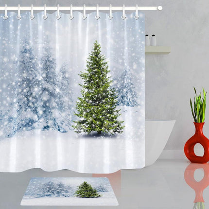 Dusjforheng med snødekt skog landskap