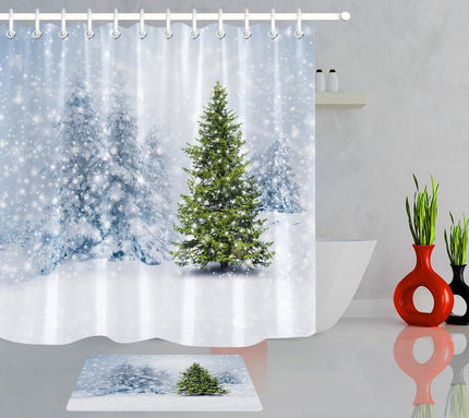 Dusjforheng med snødekt skog landskap