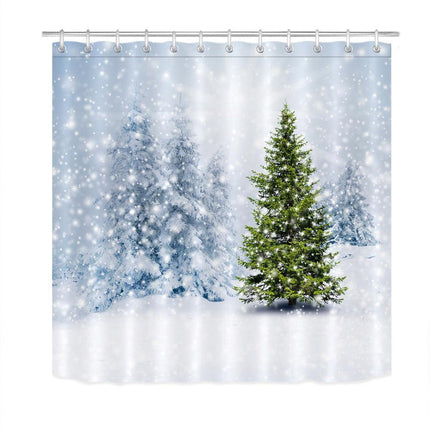 Dusjforheng med snødekt skog landskap