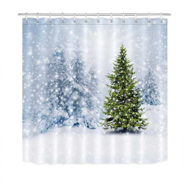 Dusjforheng med snødekt skog landskap