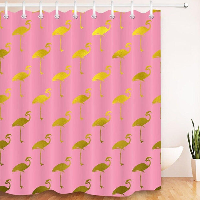 Rosa dusjforheng med flamingoer i gull