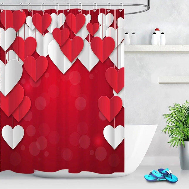 Rødt og hvitt dusjforheng med hjerter