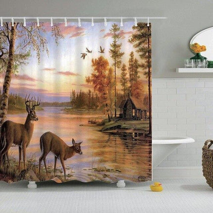 Dusjforheng med hjort i skogen