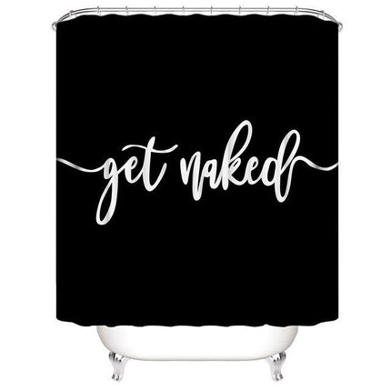Svart dusjforheng med morsom tekst