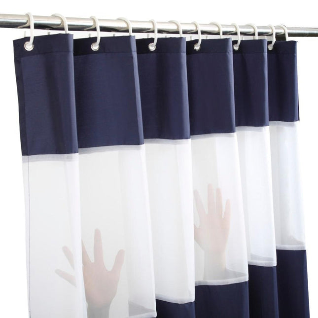 Marineblått og hvitt stripete dusjforheng