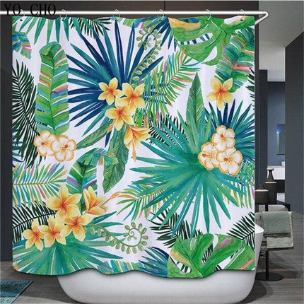 Blågrønt dusjforheng med tropiske blader