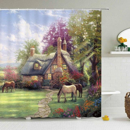 Dusjforheng med landlig idyllisk hyttemotiv