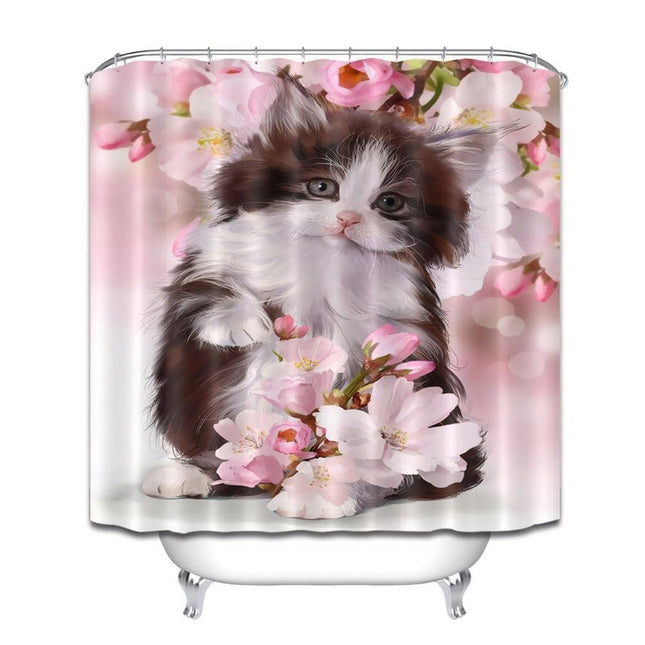 Søtt dusjforheng med kattunge og blomster