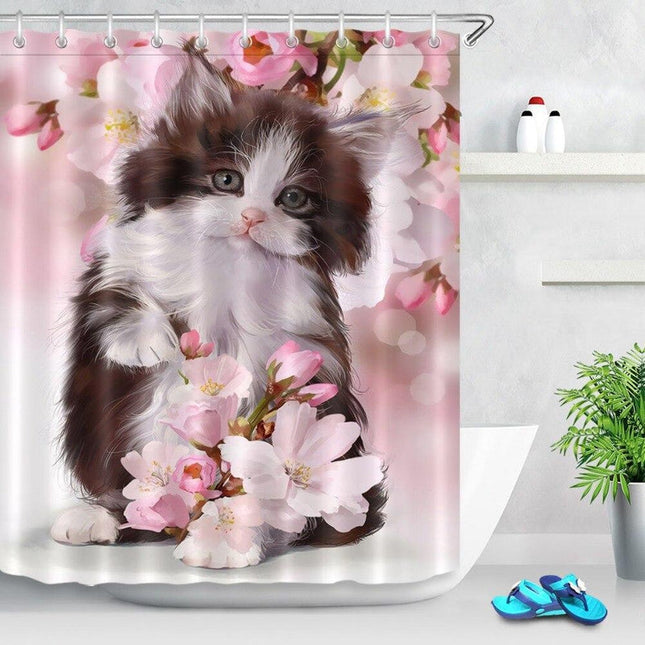 Søtt dusjforheng med kattunge og blomster