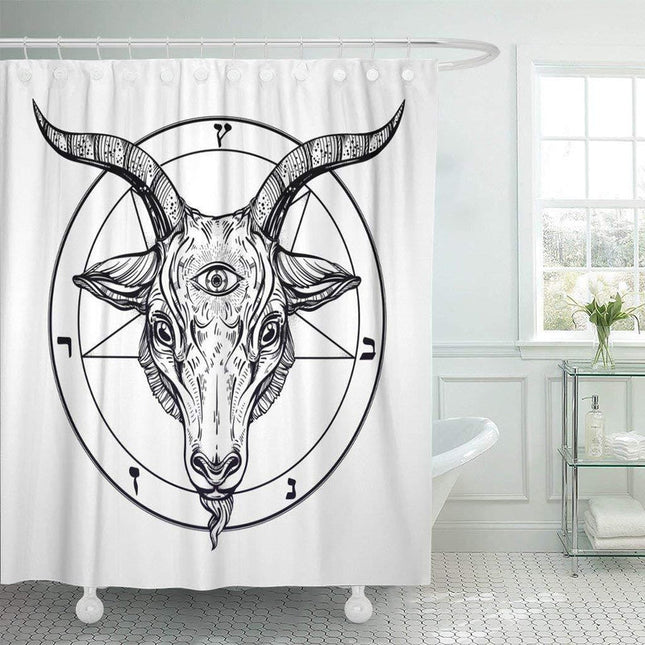 Gotisk dusjforheng med okkult geitemotiv