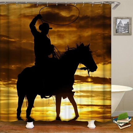 Dusjforheng med cowboy silhuett solnedgang