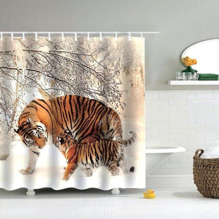 Dusjforheng med tigerfamilie i snøen