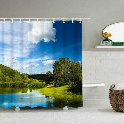Dusjforheng med vakkert innsjø landskap