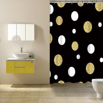 Svart dusjforheng med gullglitter prikker