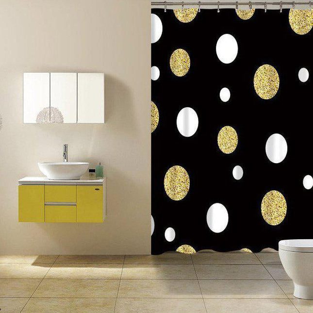 Svart dusjforheng med gullglitter prikker