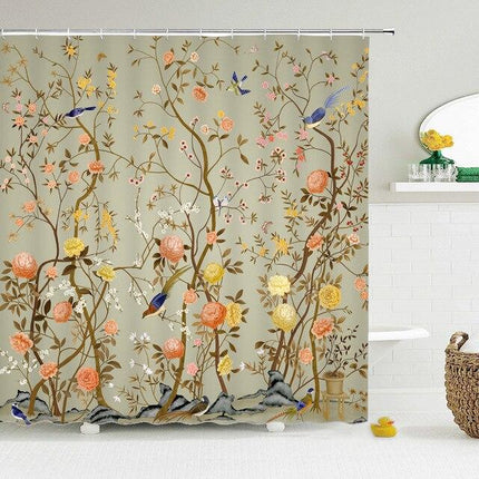 Dusjforheng med fugler og blomster