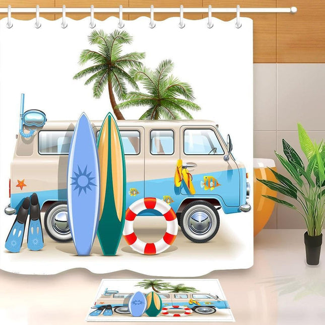 Dusjforheng med surfemotiv og palmer