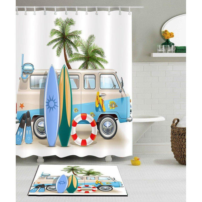 Dusjforheng med surfemotiv og palmer