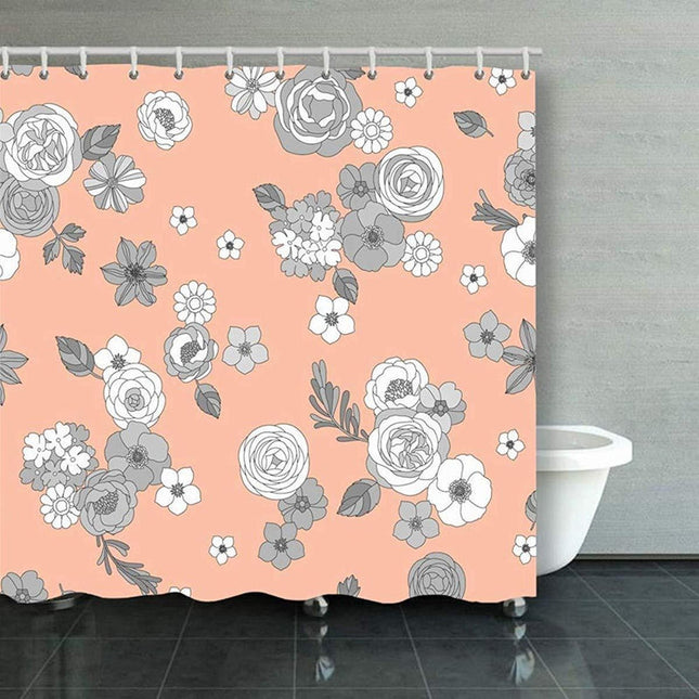 Dusjforheng i tekstil med blomstermotiv