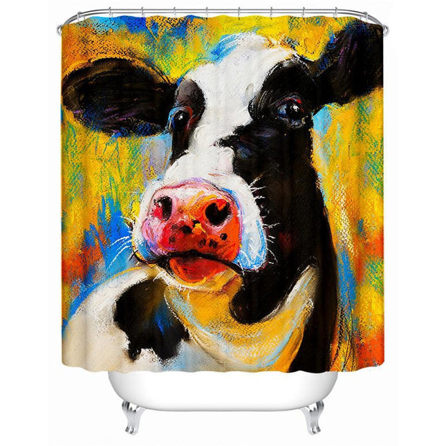 Kunstnerisk dusjforheng med fargerikt kumotiv